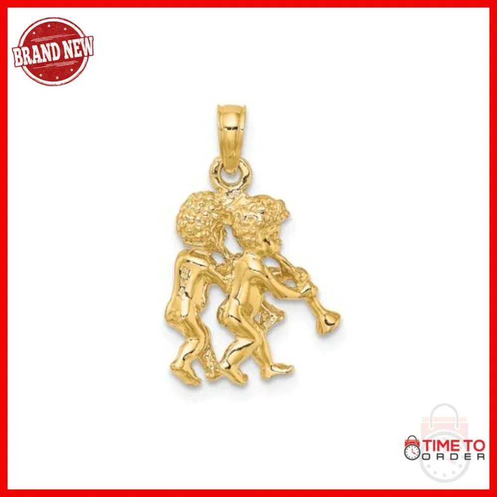 14K Yellow Gold Twin Cherub Trumpet Pendant Necklace, Baroque Angel Charm